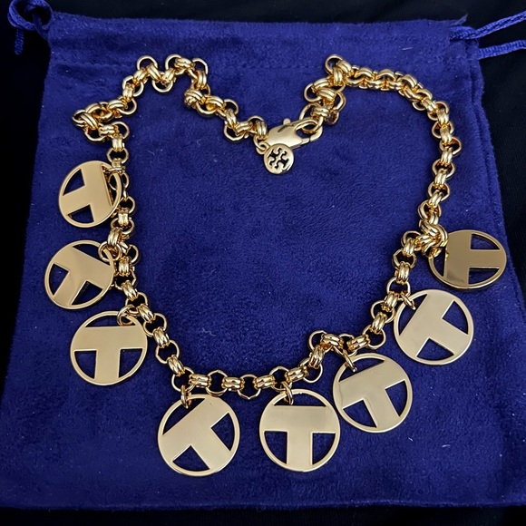 Tory Burch Authentic Shiny Gold Unique T Round Charms Logo Necklace - Picture 5 of 8